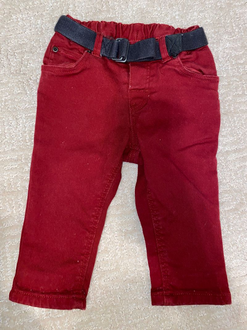 H&M Dark Red with black belt stretch denim 6 Months