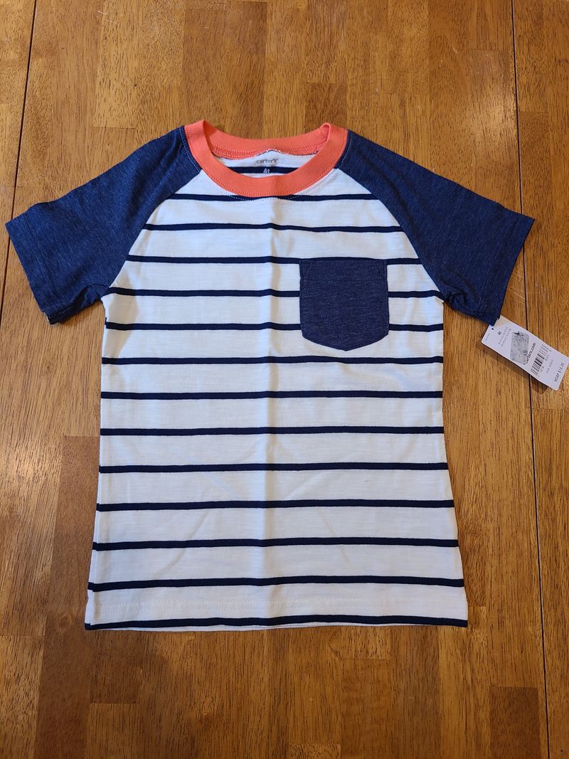 Carters NWT short sleeve pocket t-shirt blue/white stripes and coral accent 4T