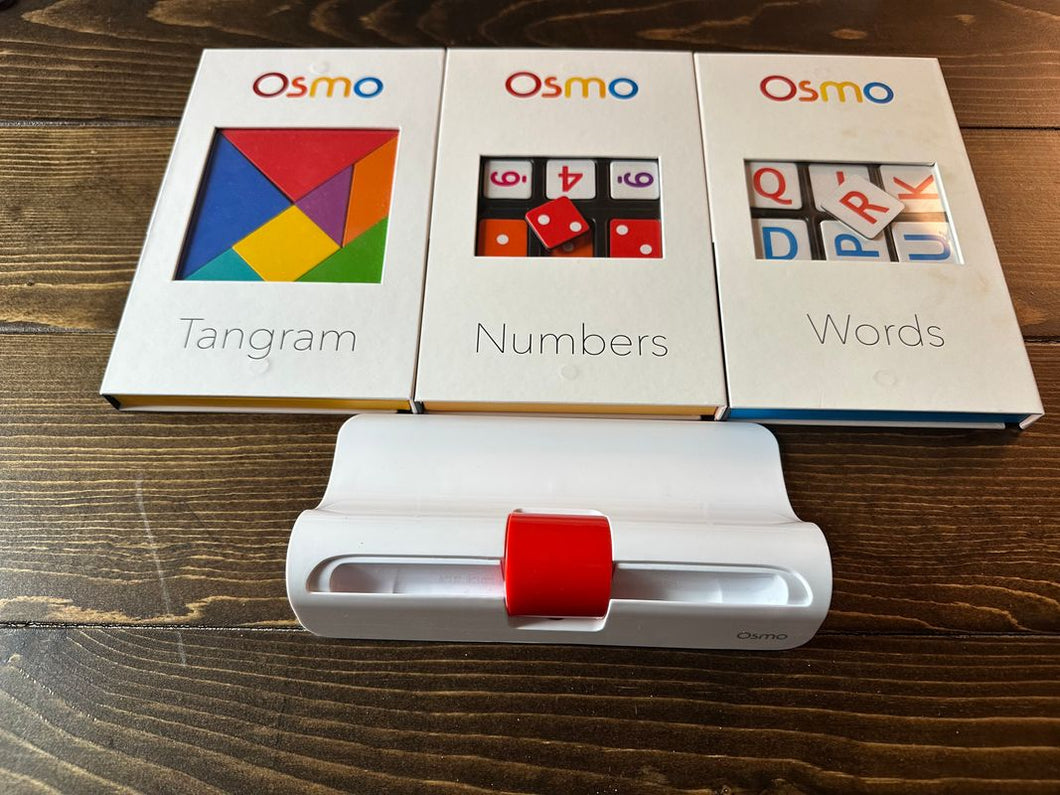 Osmo starter kit. Base for ipad, number tiles, word tiles and tangram tiles. Ages 5-10 Educational