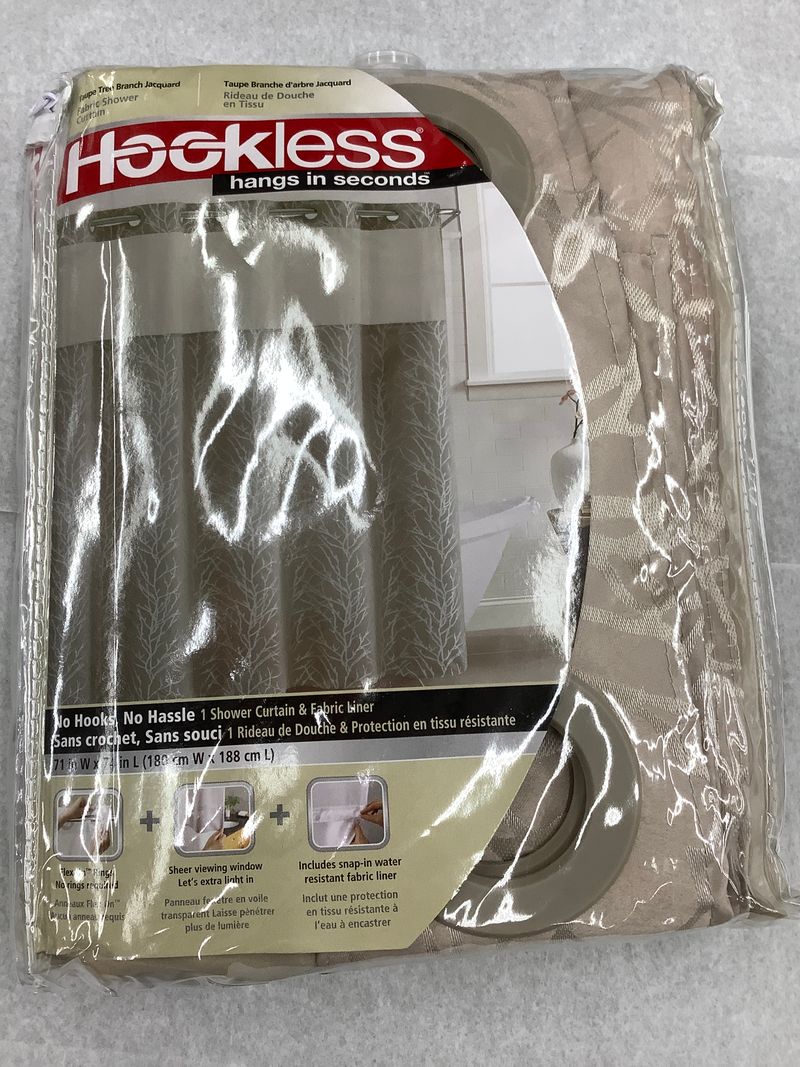 Hookless NIB, Hookless taupe jacquard shower curtain size 71x74