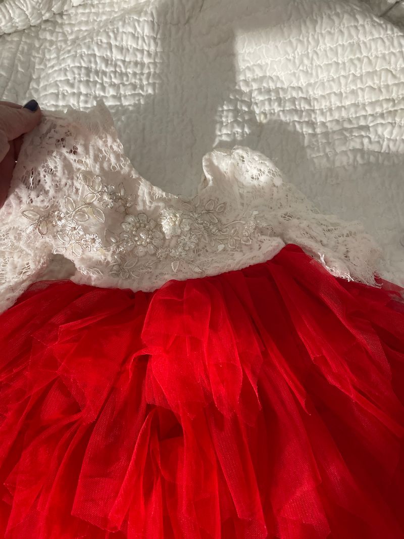 2T holiday dress Red tulle bottom with pearl flower top 2T