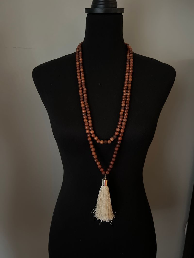 Wooded beaded long double strand tassel necklace Jewelry