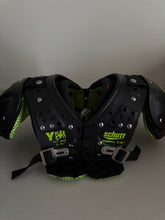 Load image into Gallery viewer, Schutt shoulder pads with back plate size 3XS 9 to 10 inch like new blk and lime green text
