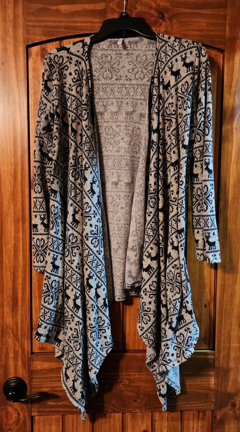 Size small. Winter cardigan. Gray with navy blue Reindeer. Longer in front. Women's - S