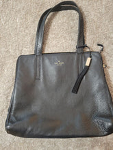 Load image into Gallery viewer, Kate Spade black leather tote some wear 3 compartments 2 zip 1 snaps
