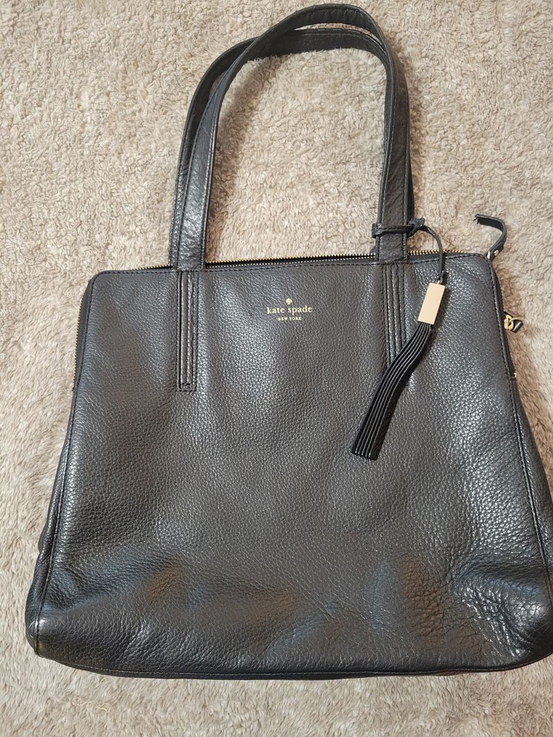 Kate Spade black leather tote some wear 3 compartments 2 zip 1 snaps
