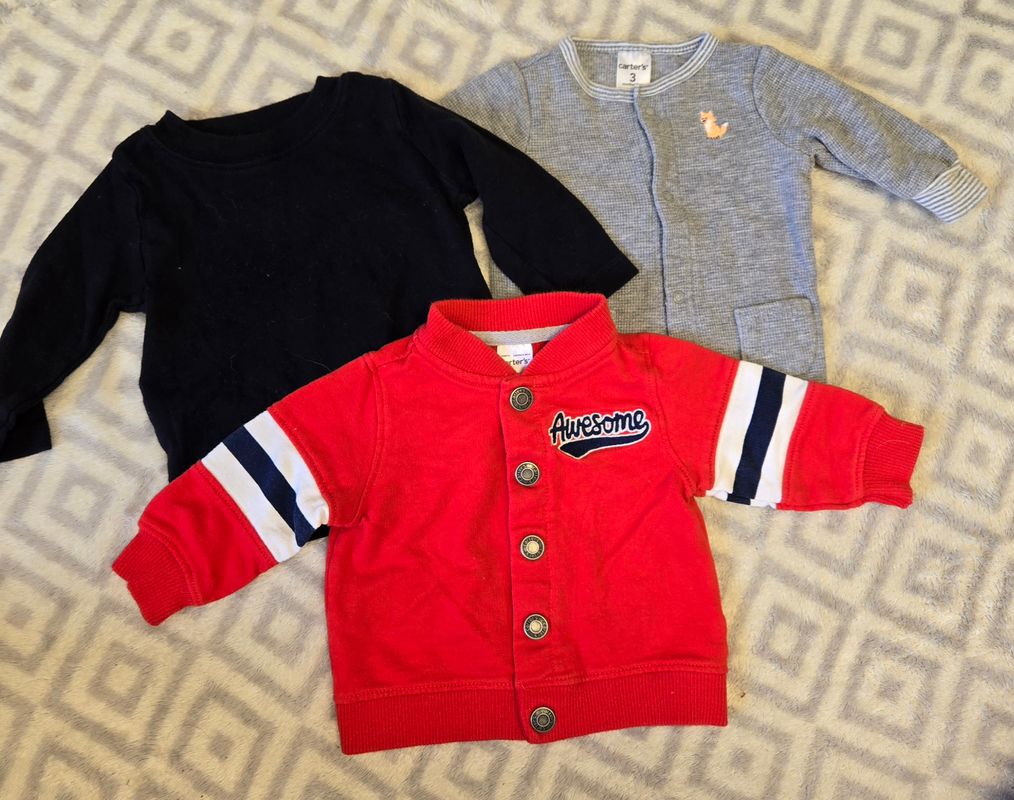 Carter's One black long sleeve shirt, one grey sweater, one red sweater 3 Months