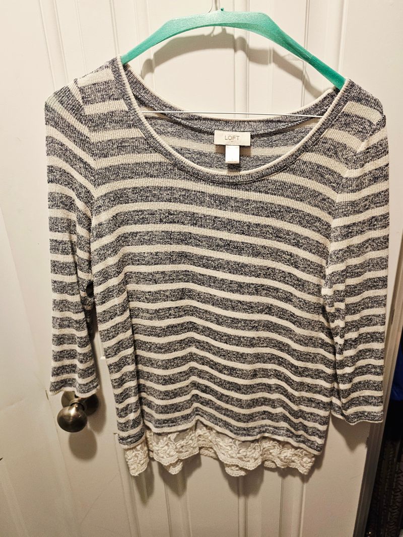 Loft Grey and White striped lightweight long sleeve knit top Women's - L