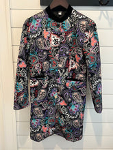 Load image into Gallery viewer, Colorful paisley &amp; floral long sweater/jacket colorful w/ black buttons and pockets &amp; velvet neck trim Women&#39;s - M

