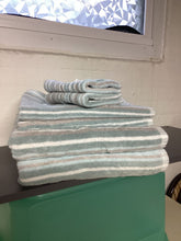 Load image into Gallery viewer, Soho Living Blue,gray,white stripe towels 2 each. bath towels,hand towels,was
