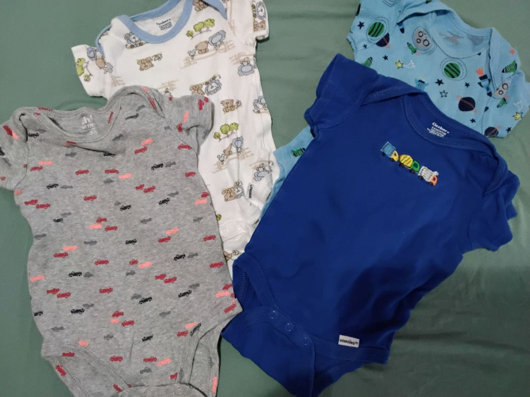 4 onesies size 3-6 mo. gray and blue with cars, white with animals, and light blue with 3 Months