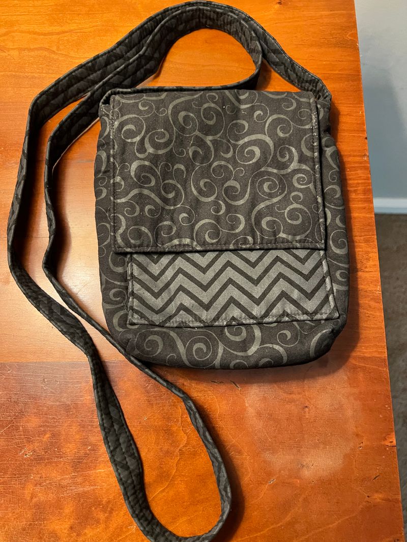 Black Fabric Crossbody Purse 6 inch wide x 8 inch tall purchased from art show