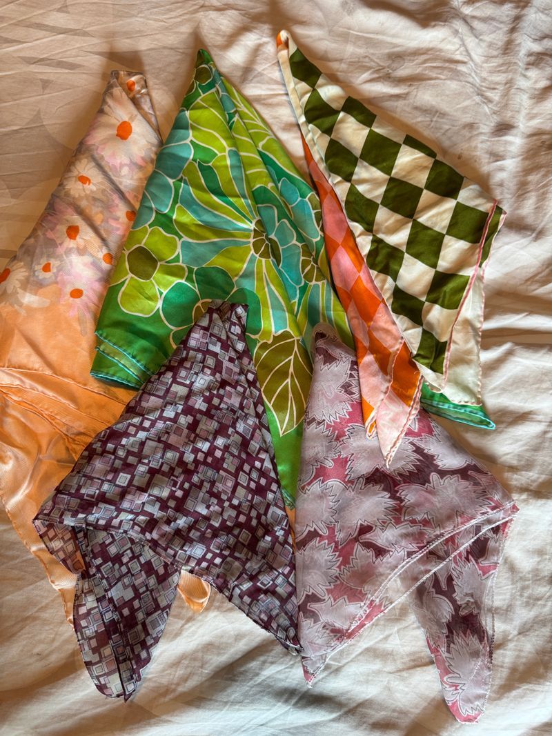 5 vintage silk and polyester scarves 3 vintage 60s scarves 2 poly scarves