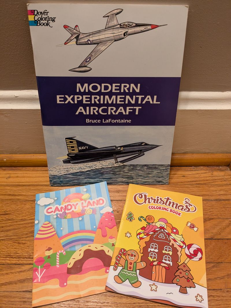 3 New coloring books - Candy Land, Christmas, and Modern Experimental Aircraft Early Reader