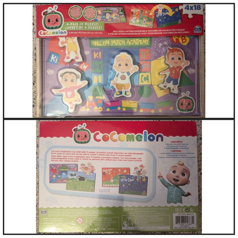 NIB Cocomelon set of 4 18-piece wooden puzzles Includes 8 interchangable character pieces. storage box w lid Preschool Toy