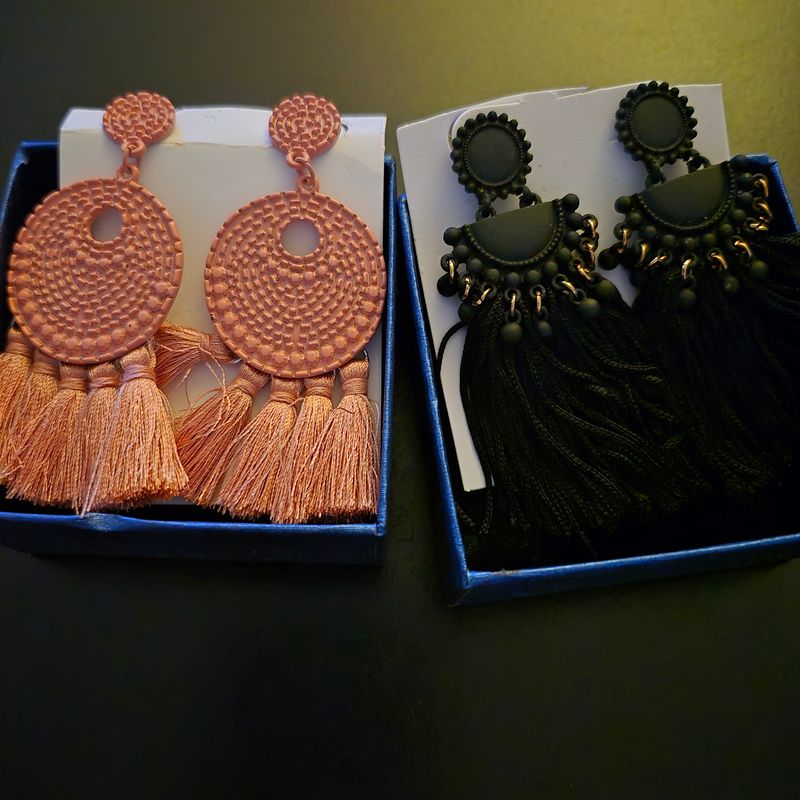 Lureme 2 Pair Pink and Black Tassel Earrings NIB