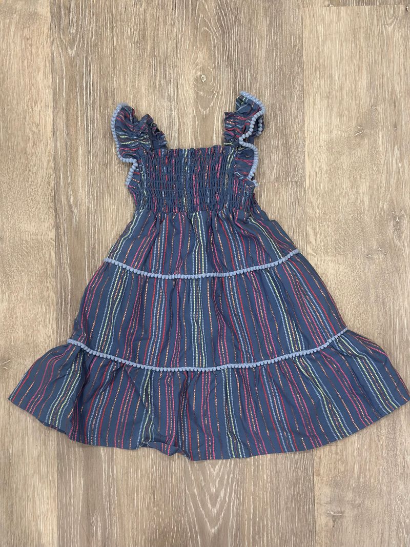 Penelope Mack, Size 3T, Tiered Dress, Navy w/ Colorful Stripes, Smoked Bodice, Ruffled Straps 3T
