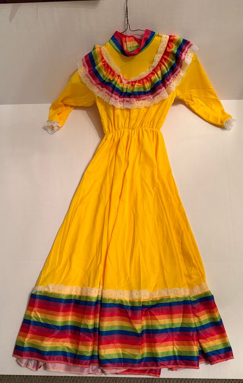 Girls medium, yellow, and rainbow Mexican Culture dress Velcro closure on back floor length 8