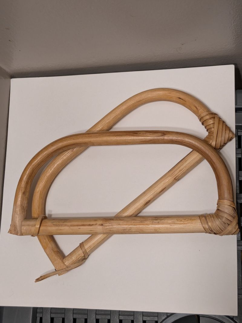 Wooden purse bag handles for crafting, lashing undone on one side, approximately 7