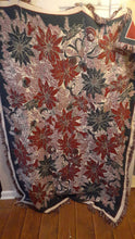 Load image into Gallery viewer, Afghan fringed throw- spot cleaned red and white poinsetta - approx. 45&quot; w x 67&quot; long Blanket
