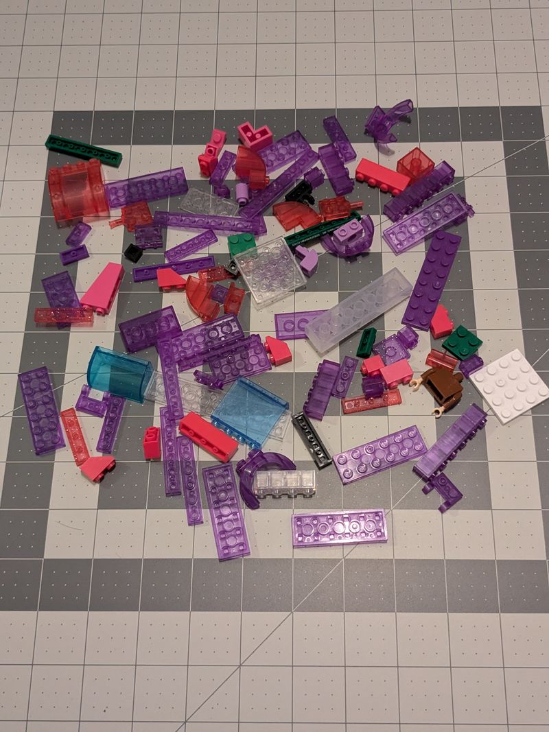 Off-brand Lego plastic building bricks, 97 pieces, purple, clear, glitter Building