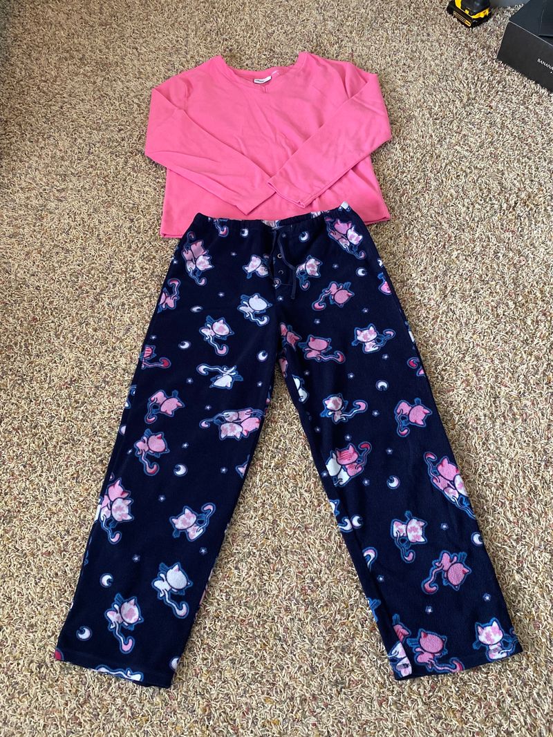 Pink & Dark Blue Fleece Pjs Medium