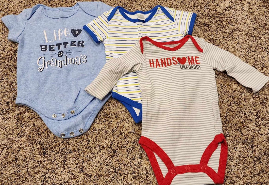 0-3 month. Handsome like daddy. Life is better at grandma's. 3 onsies Newborn