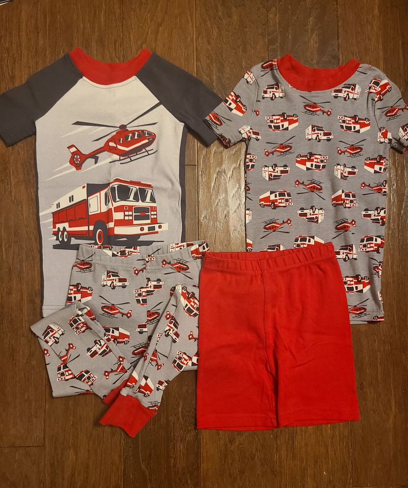 Kirkland, SMR, gray, white red 4 piece pajama set Firetruck, helicopter, ambulance 5T