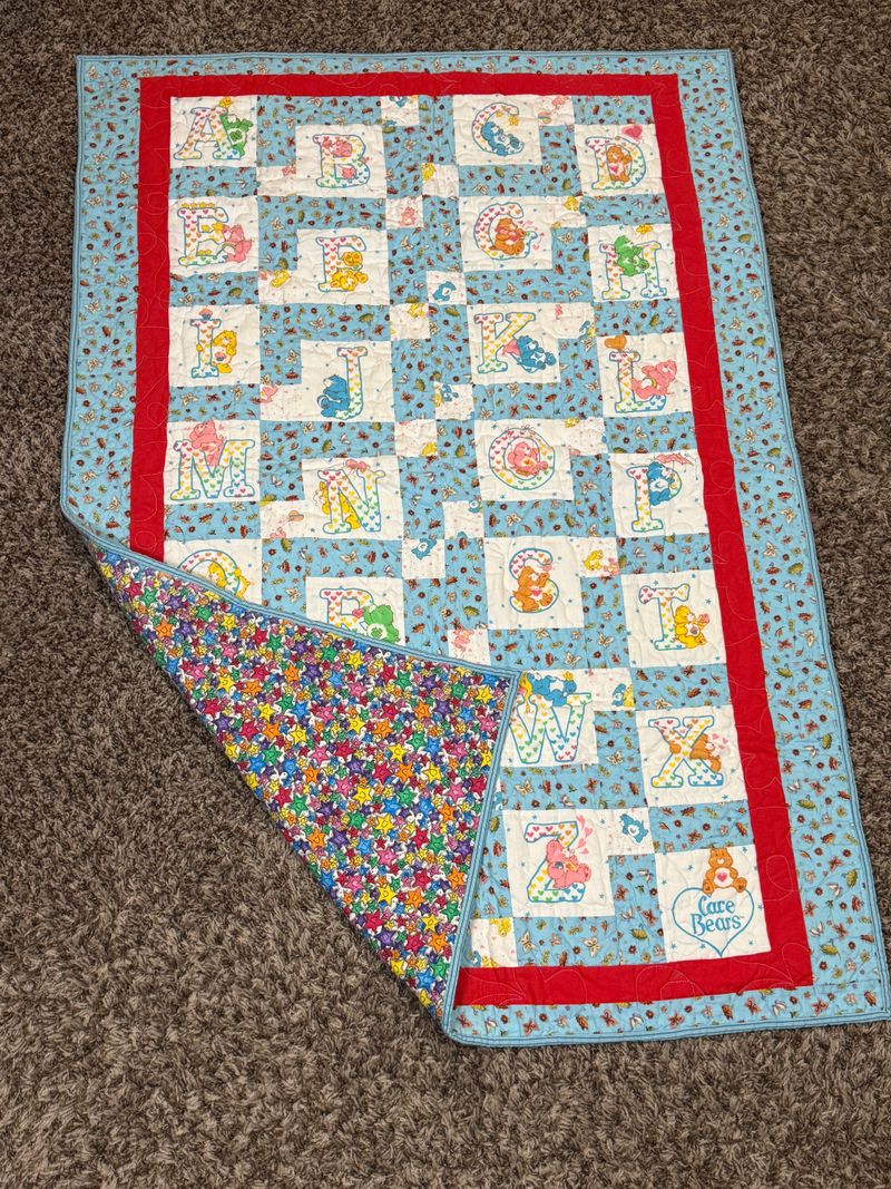 Care Bear Alphabet Crib sized quilt blanket Two sided excellent ETSY made 4 feet x 3 feet Crib