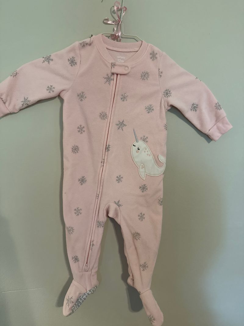 Carters Fleece sleeper with glitter snowflakes and Narwhal 12 Months