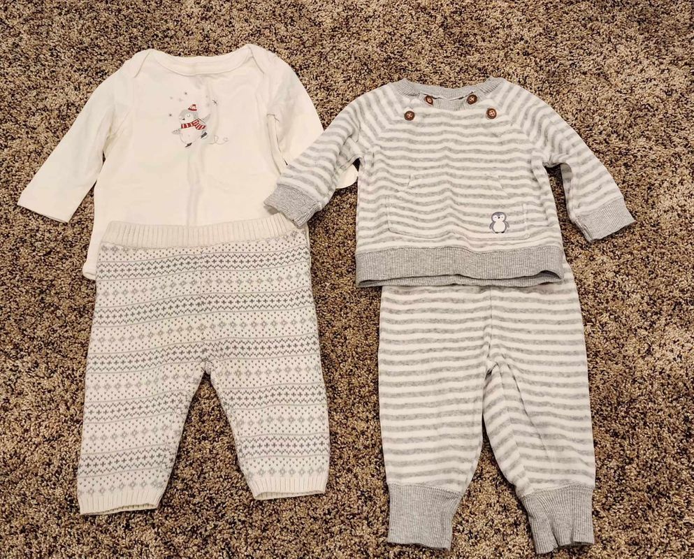 3 mo. White onsie w/ sweater pants. Soft fleece gray & white top and pants 3 Months