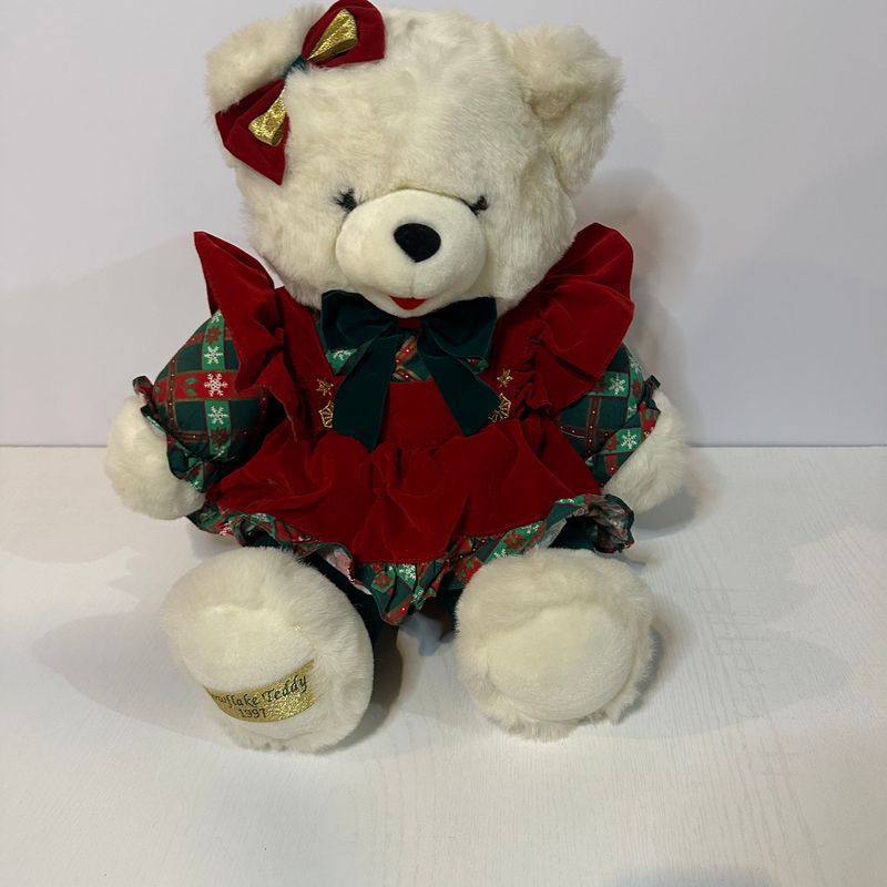1997 Snowflake Teddy, 22in Vintage Plush, White Holiday Bear w/  Dress Plush Toys