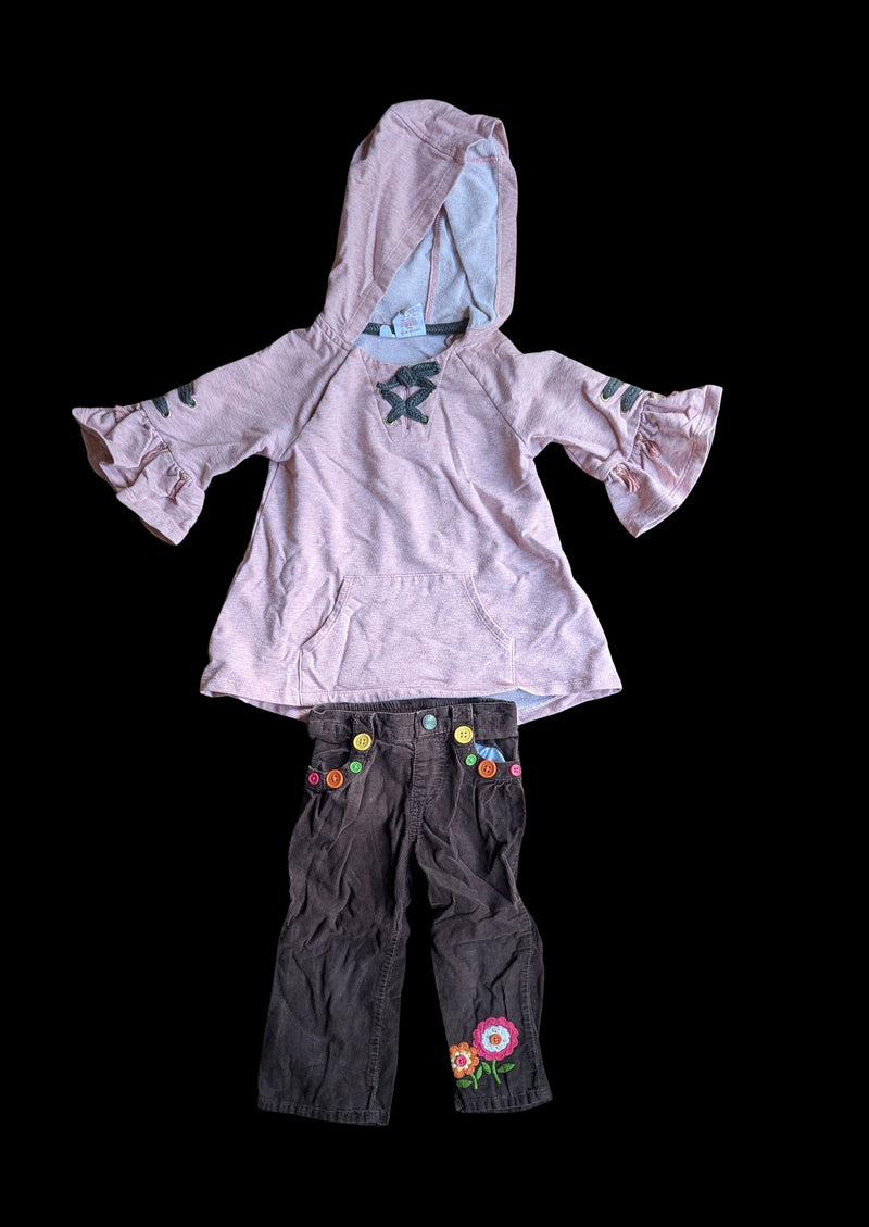 2pc outfit - pink tunic top with laces brown corduroy pants with buttons and embroidery. both EUC 2T