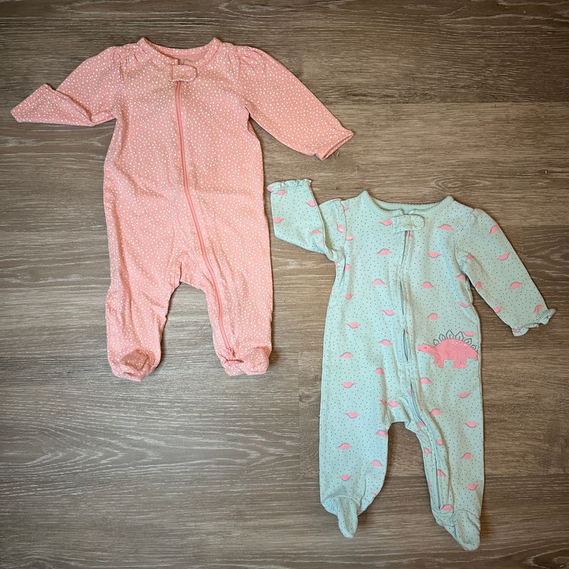 Carters, Size 6mo, Sleepers, Pink w/ White Dots, Blue w/ Pink Dinosaurs 6 Months
