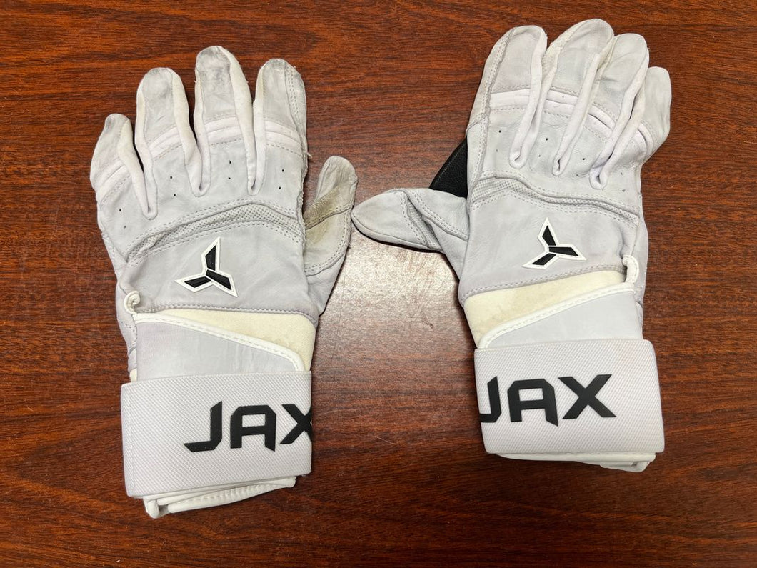 JAX batting gloves with built in web between thumb and pointer finger, great condition except bat stains