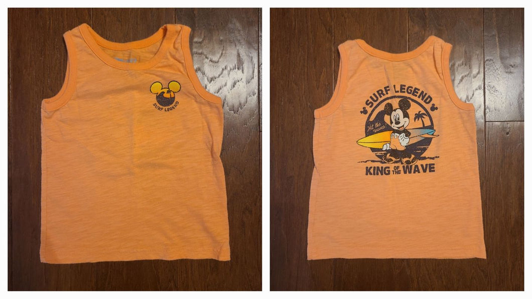 Disney orange tank, SMR, Mickey Mouse, Surf Legend, surfboard, pic shows front and back of tank 2T