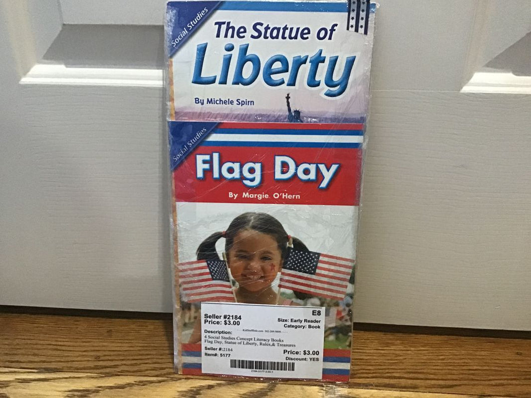 4 Social Studies Concept Literacy Books Flag Day, Statue of Liberty, Rules,& Treasures Early Reader