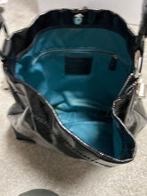 Load image into Gallery viewer, Authentic Coach Bucket Bag Black patent with teal interior. Some discoloration on interior
