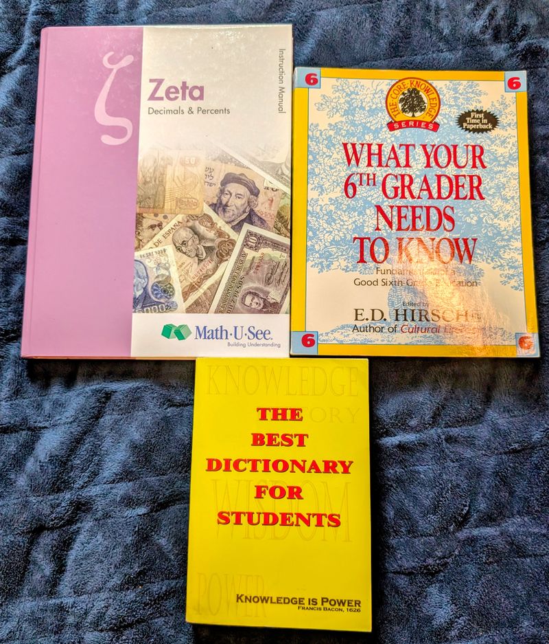 3 homeschool books zeta math manual, what your 6th grader should know, dictionary Homeschool