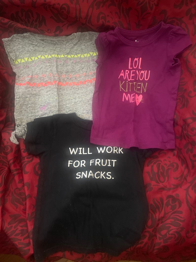 Multibrands 3 shirt lot fruit, snacks kitten me, and Gray print shirt 2T