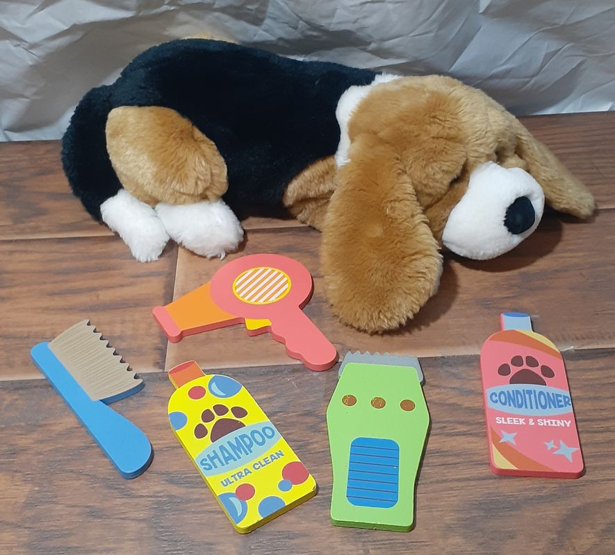 5pc wood role play pet grooming kit with plush dog Pretend Toy