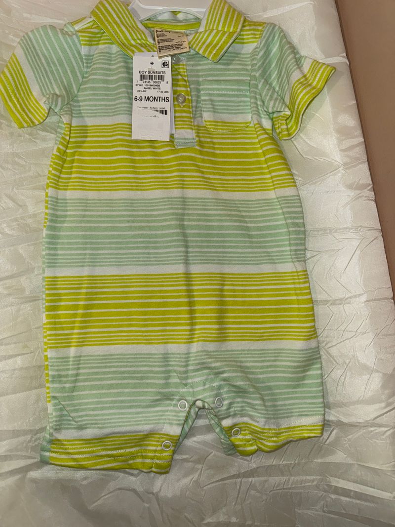 First Impressions NWT green striped polo romper 6 Months