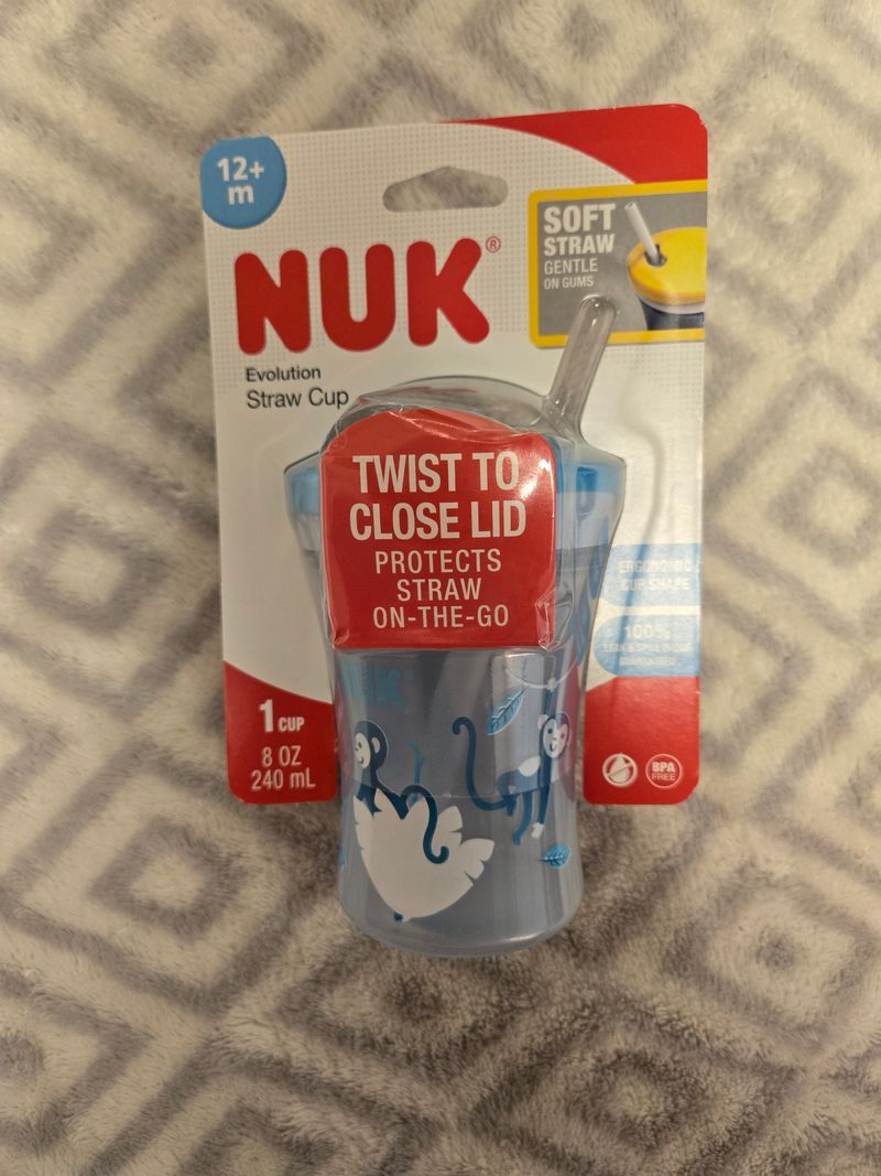 NUK evolution straw cup 8oz NIB twist-to-close lid NUK cup, interchangeable parts, soft straw, BPA free, dishwasher