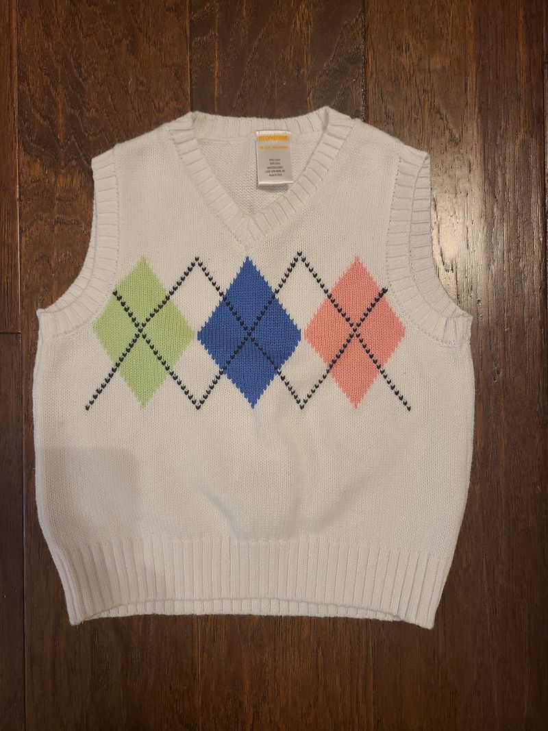 Gymboree, 18-24 months, white sweater vest Easter, spring, pink, blue and green, 100% cotton 18 Months