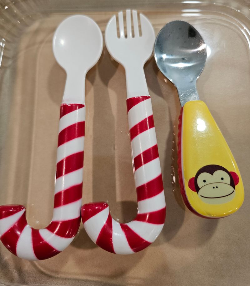 2 spoons & fork sock monkey Candy cane & sock monkey