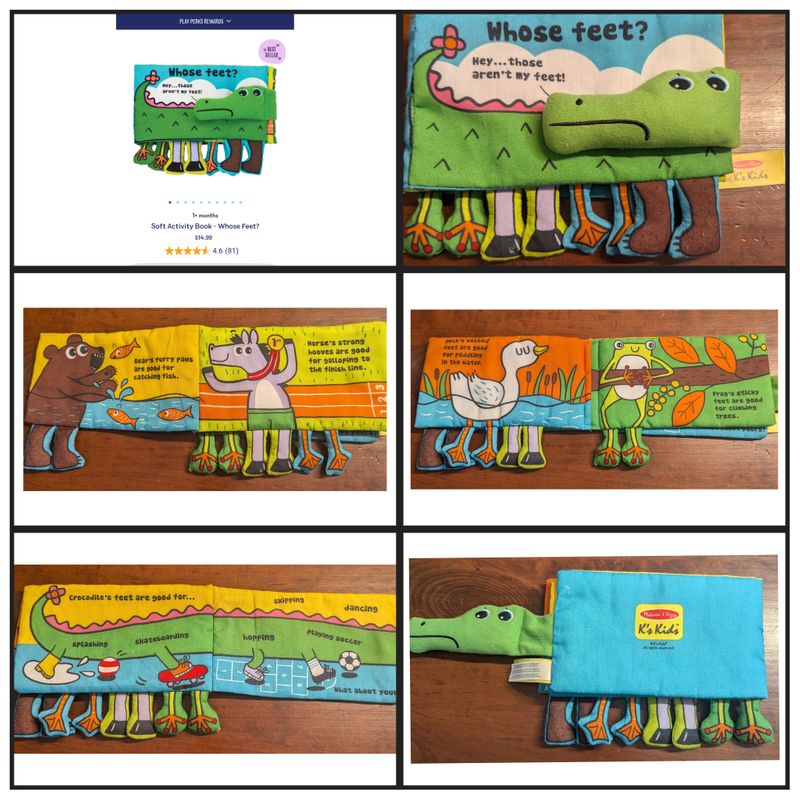 Melissa & Doug Whose Feet soft activity book Squeaker, crunchy sound feet. Velcro fold over closure Infant