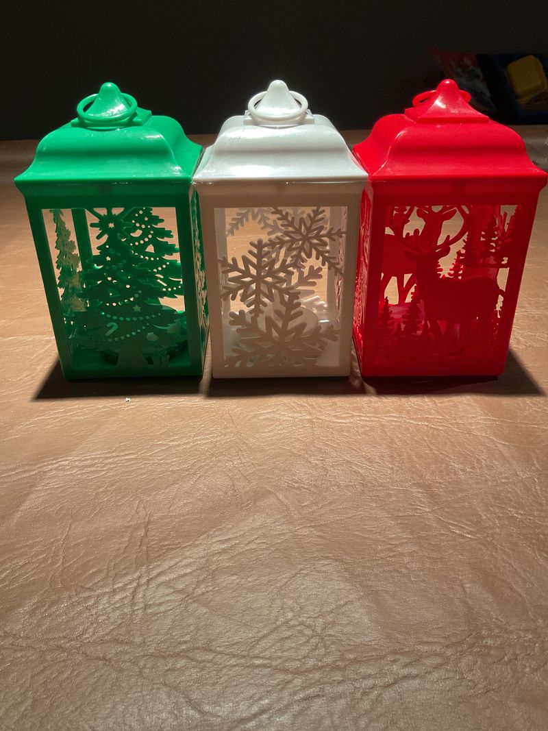 3 plastic lanterns w/flickery tea lights Red/green/white