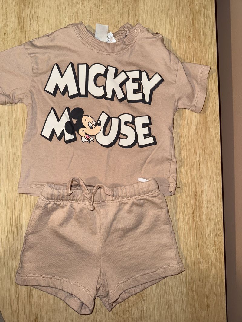 H&M cream mickey mouse tshirt and shorts 6 Months
