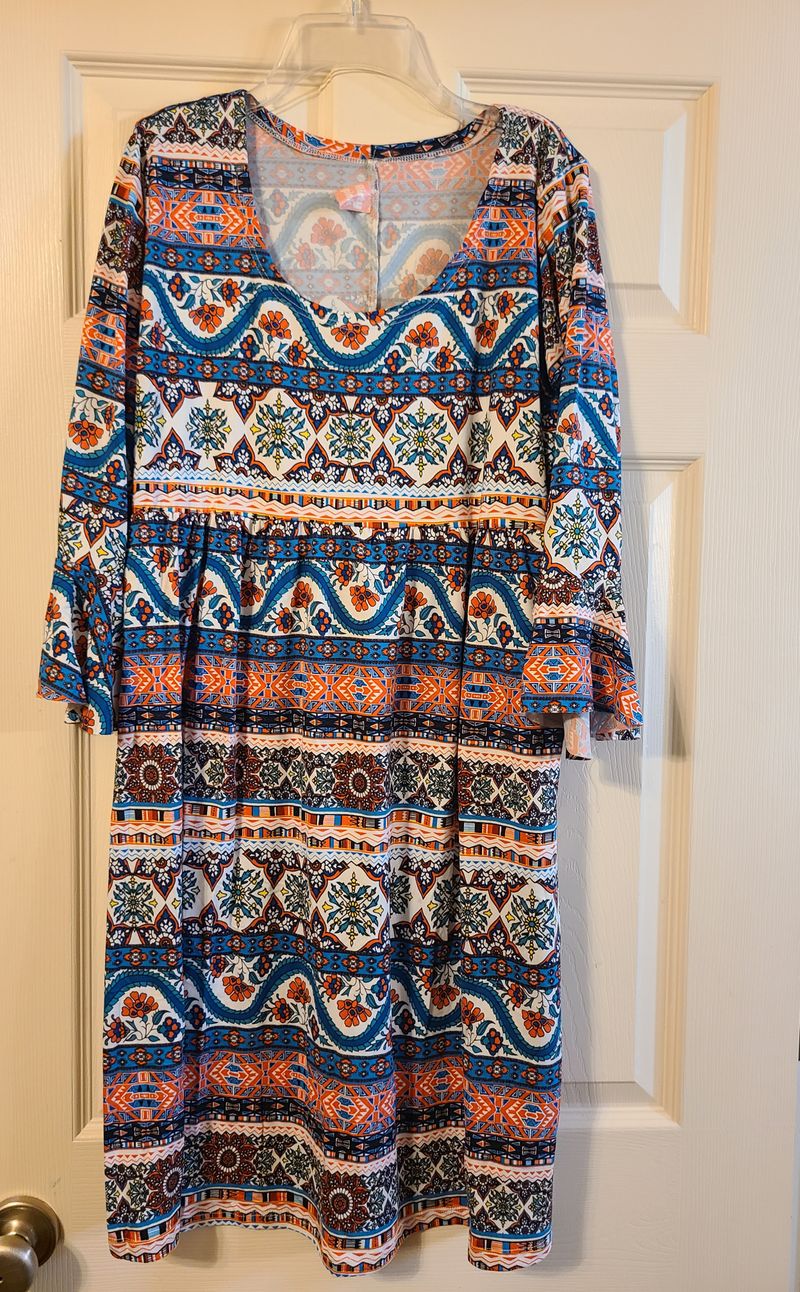 Flirty Pink, 3/4 length ruffle sleeve, colorful pattern, polyester and spandex Women's XL 16