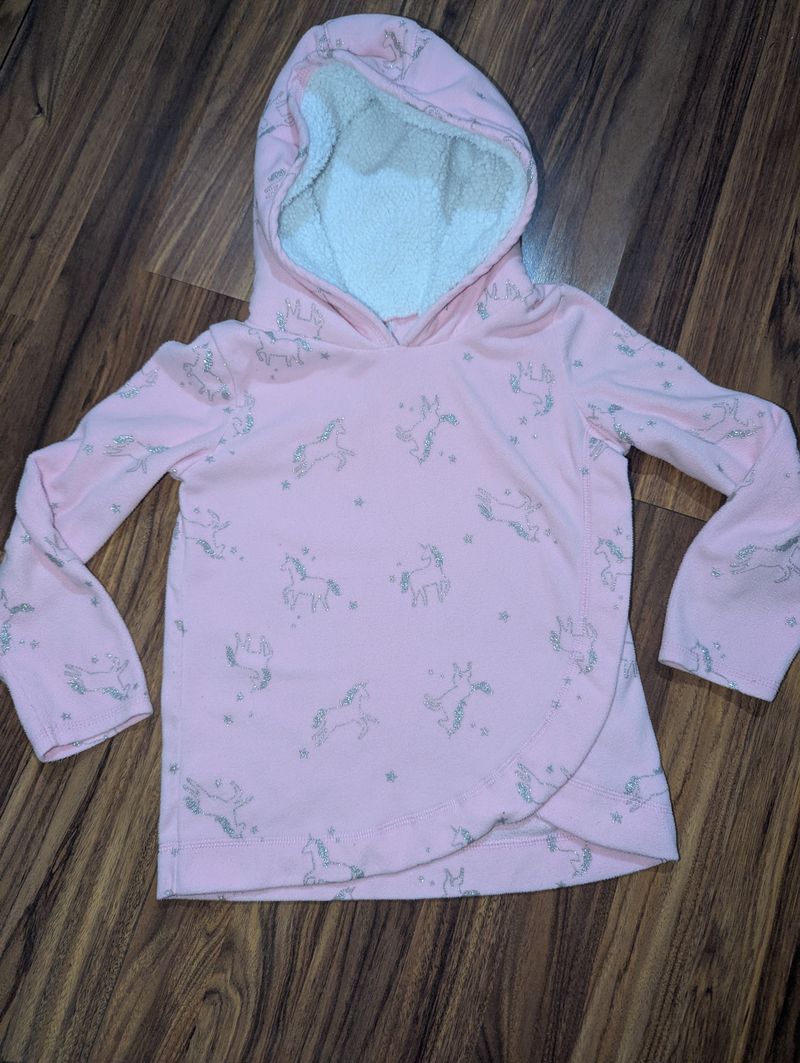 Carter's kid bright pink fleece hooded pullover Silver glitter unicorn accents. Sherpa lined hood 7